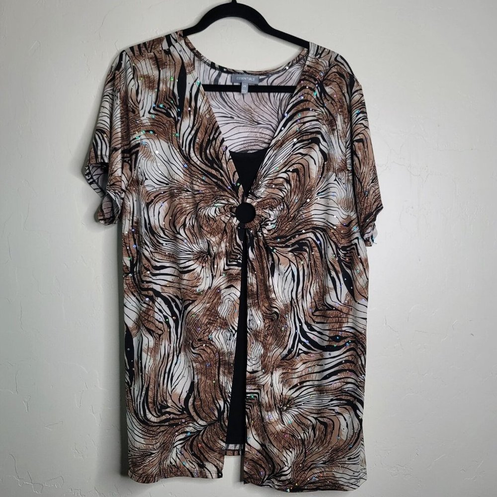 Essentials Black Brown Faux Tank Top Blouse w Bling Women Size 2X
